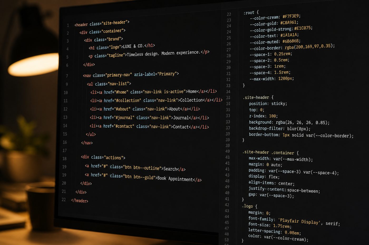 HTML and CSS in a dark editor on a desk