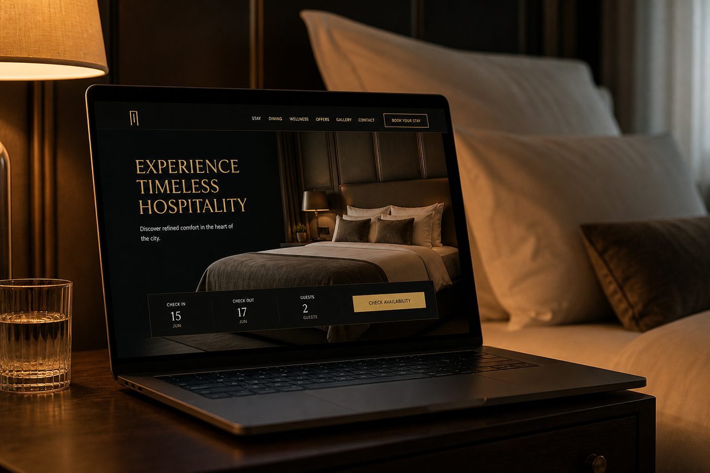 Boutique hotel website mockup on a laptop in a guest room